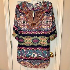 Pink Owl Boho Lined Shift Dress, Navy, Pink, Multi-color Print, Small, NWT